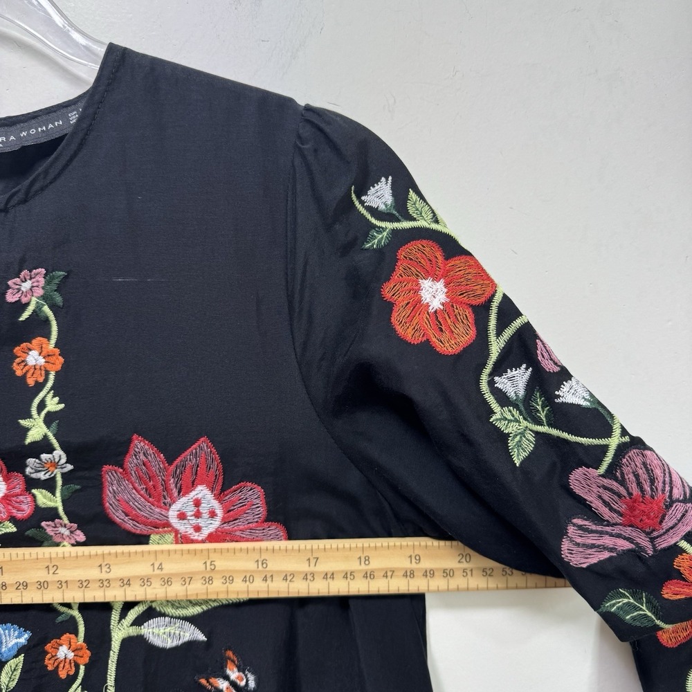 Zara Babydoll Boho Floral Butterfly Cotton Gauzy Embroidered Swing Dress M Black - Picture 10 of 11